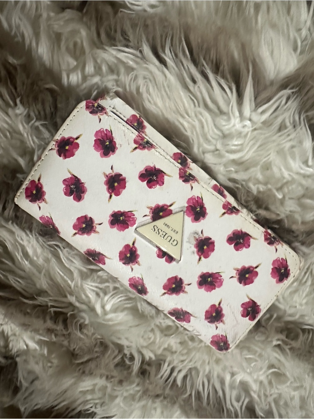 Guess White Zip Wallet with Pink Floral Pattern